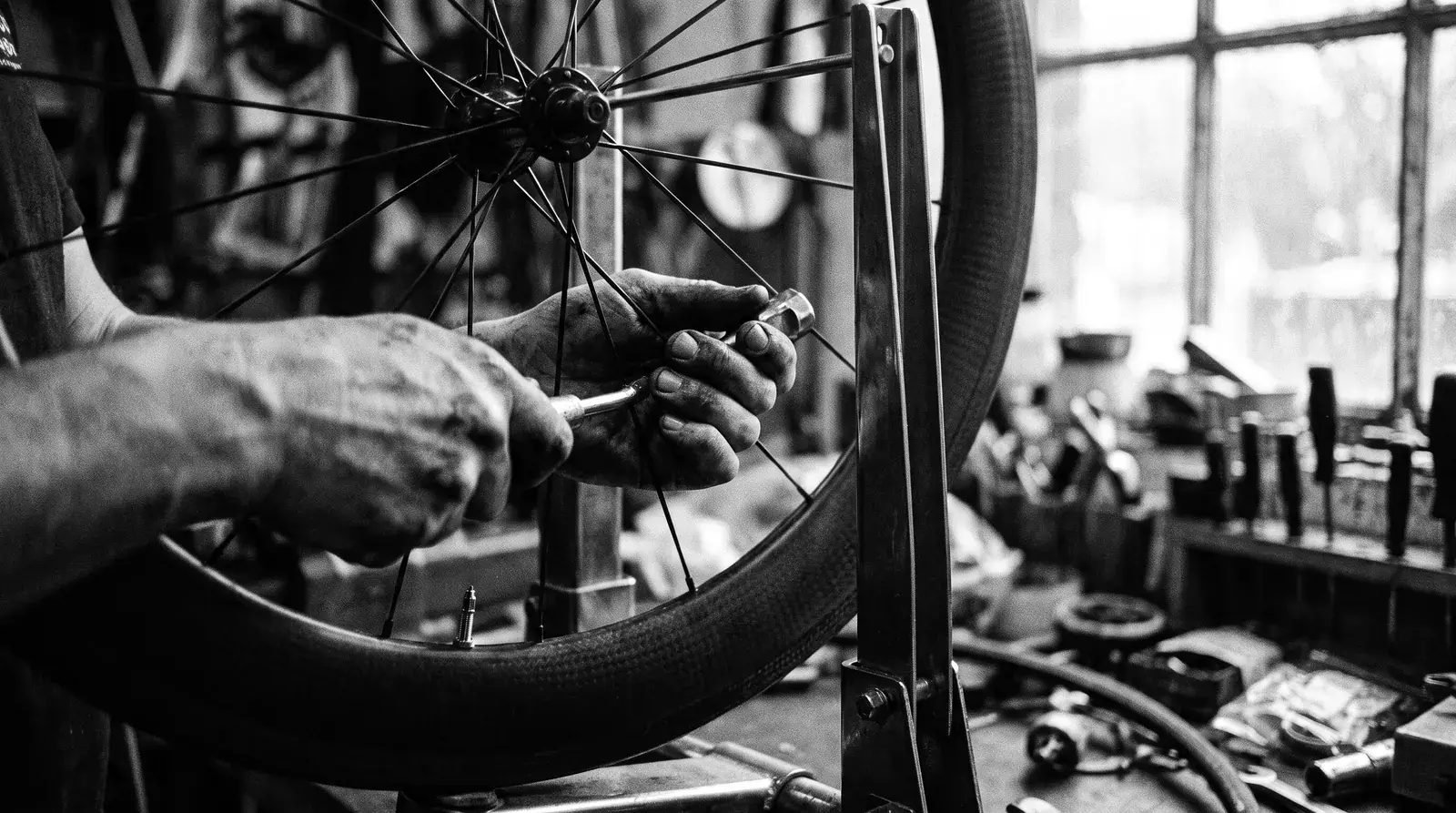 A mechanic's hands truing a wheel in a workshop stand